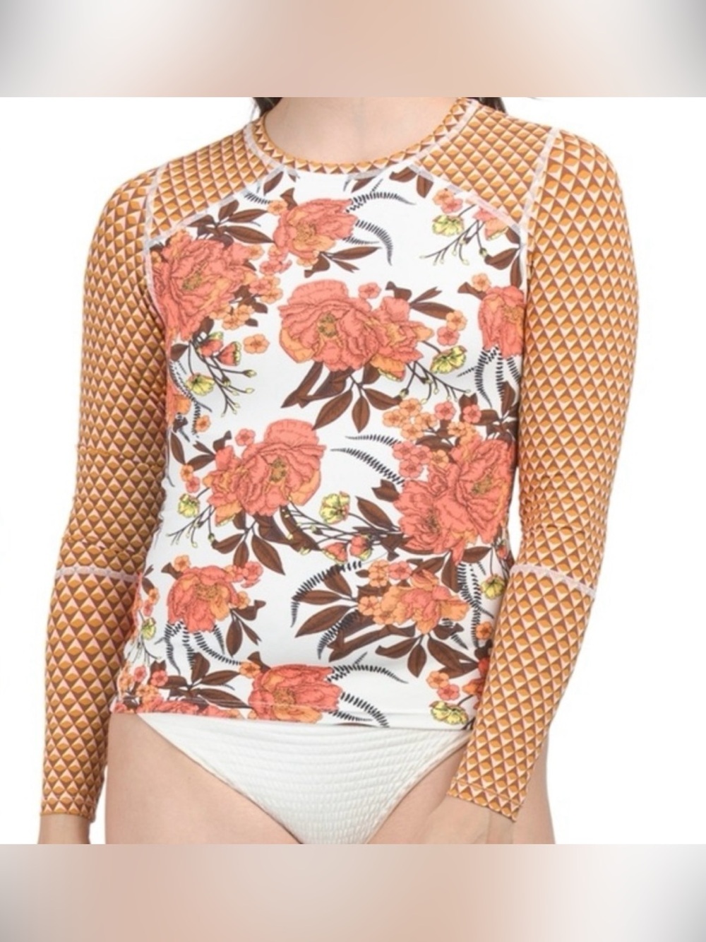 NWT Maaji Floral Long Sleeve Swim Shirt Rash Guard Cover Up Small Orange